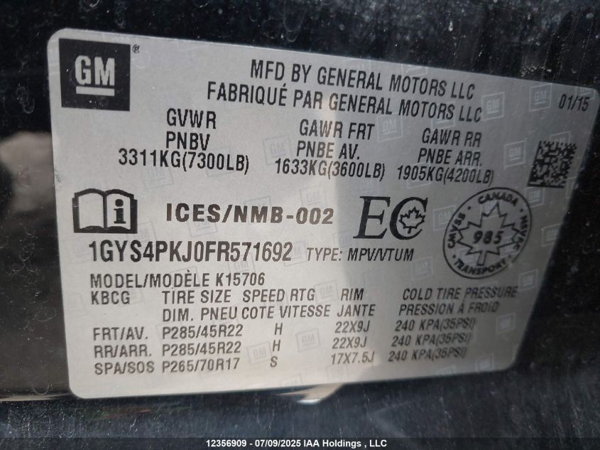 2015 Cadillac Escalade VIN: 1GYS4PKJ0FR571692 Lot: 12356909