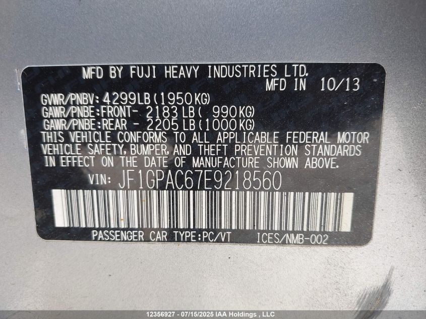 2014 Subaru Impreza 2.0I Touring Package VIN: JF1GPAC67E9218560 Lot: 12356927