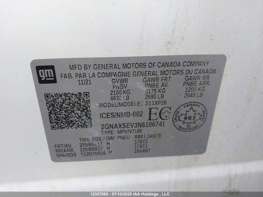 2GNAXSEV3N6106741 2022 CHEVROLET EQUINOX photo no. 9