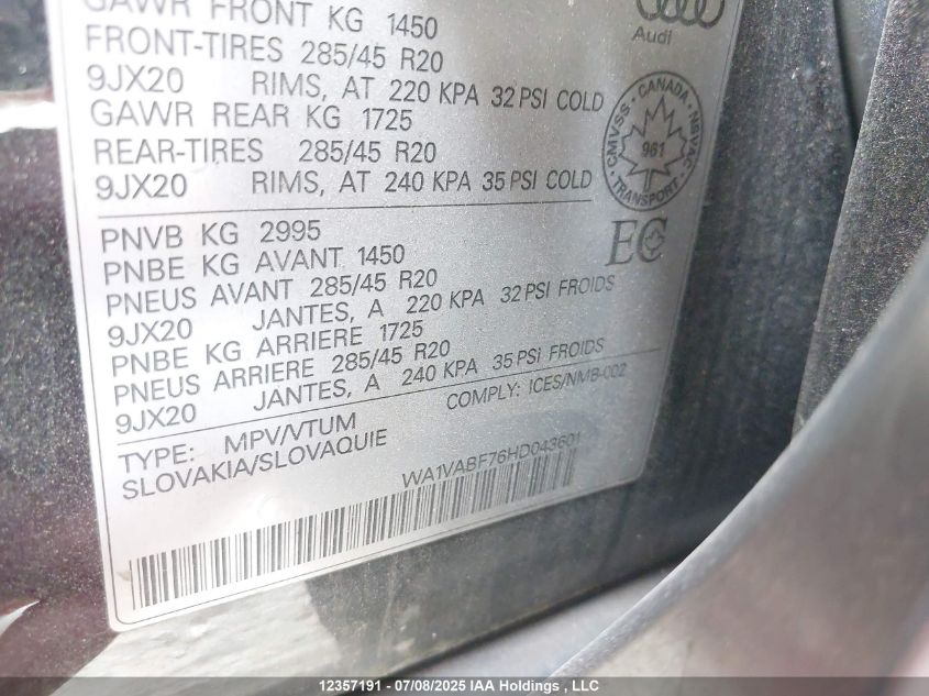 2017 Audi Q7 3.0T Technik VIN: WA1VABF76HD043601 Lot: 12357191