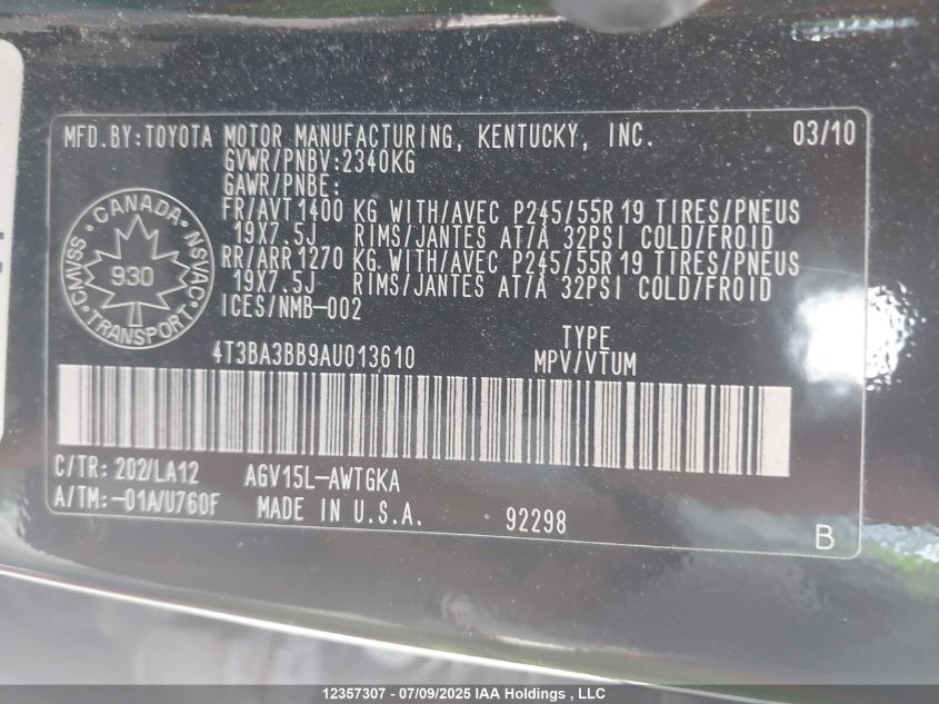 2010 Toyota Venza VIN: 4T3BA3BB9AU013610 Lot: 12357307