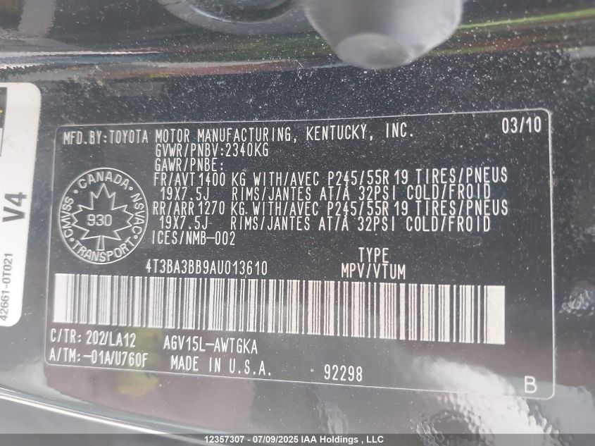 2010 Toyota Venza VIN: 4T3BA3BB9AU013610 Lot: 12357307