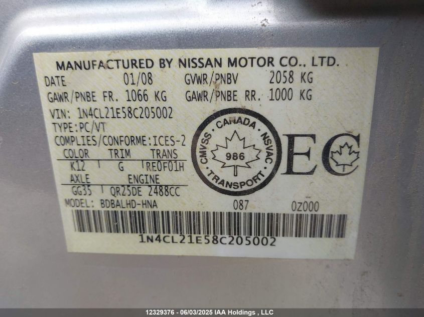 2008 Nissan Altima Hybrid VIN: 1N4CL21E58C205002 Lot: 12329376X