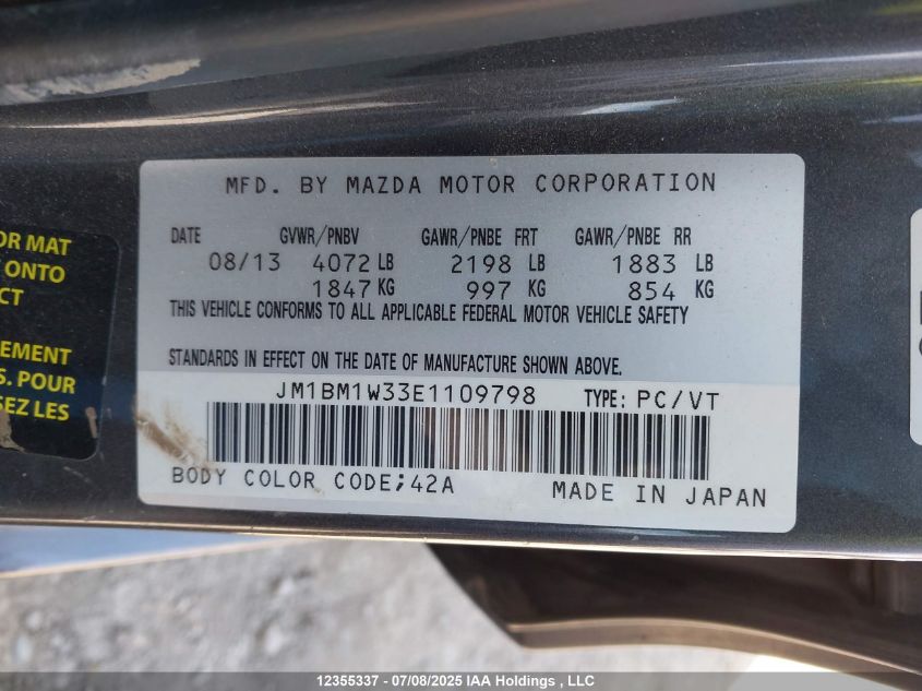 2014 Mazda Mazda3 Gt-Sky VIN: JM1BM1W33E1109798 Lot: 12355337X