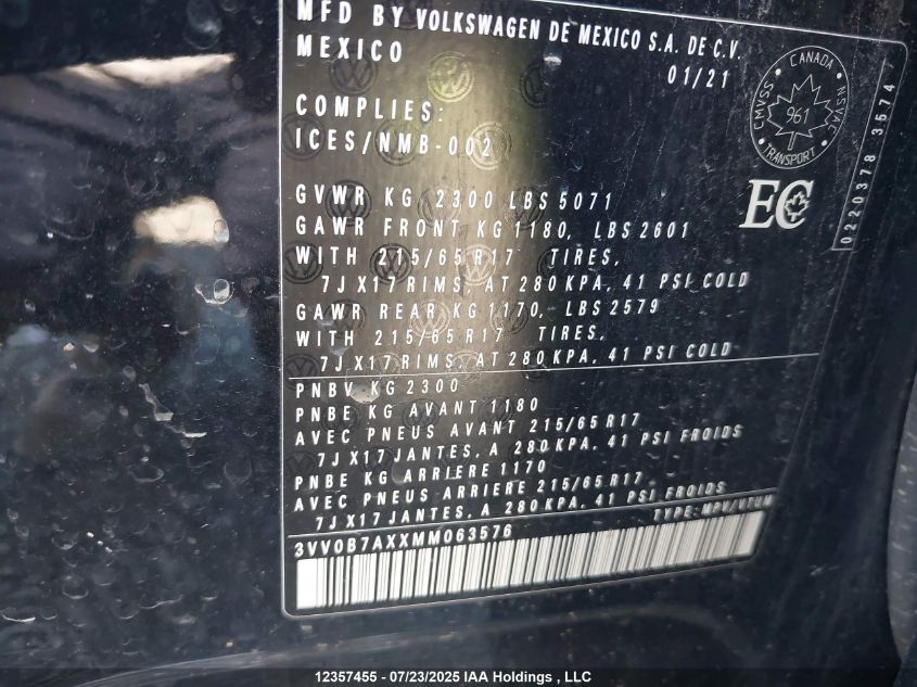 2021 Volkswagen Tiguan S VIN: 3VV0B7AXXMM063576 Lot: 12357455