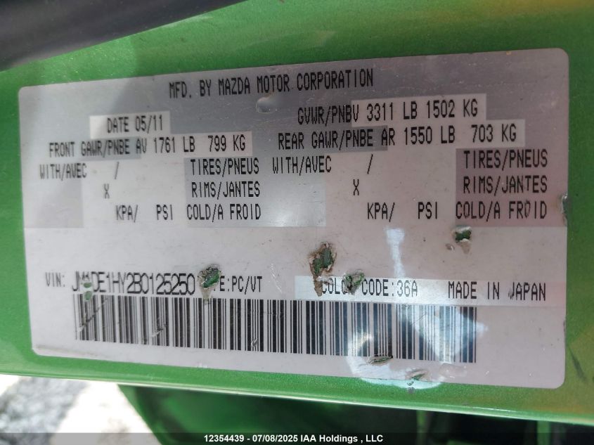 2011 Mazda Mazda2 Gs/Gx VIN: JM1DE1HY2B0125250 Lot: 12354439X