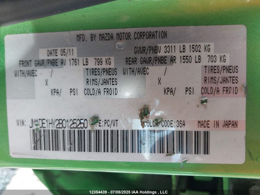 2011 Mazda Mazda2 Gs/Gx VIN: JM1DE1HY2B0125250 Lot: 12354439X