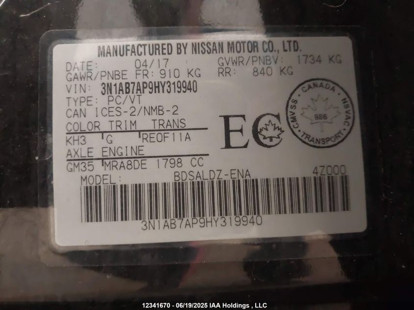 2017 Nissan Sentra 1.8 S/1.8 Sl/1.8 Sv VIN: 3N1AB7AP9HY319940 Lot: 12341670X