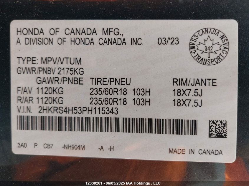 2023 Honda Cr-V Sport/Sport-B VIN: 2HKRS4H53PH115343 Lot: 12330261X