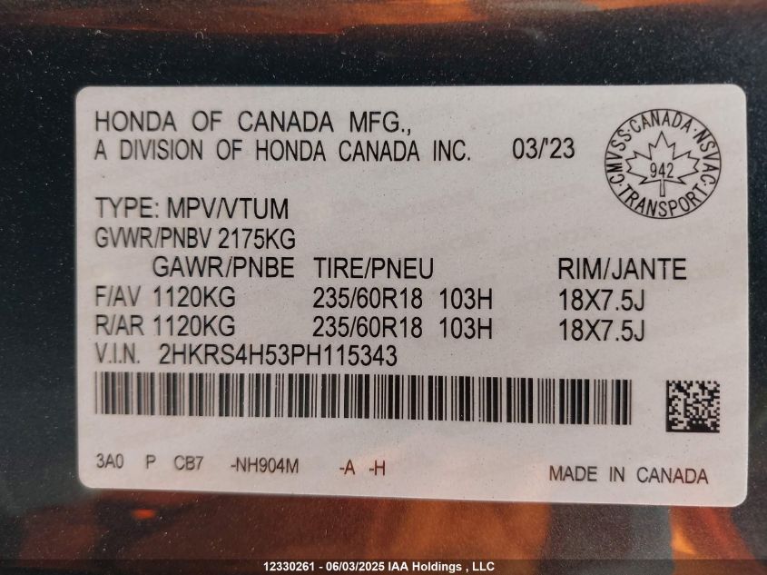 2023 Honda Cr-V Sport/Sport-B VIN: 2HKRS4H53PH115343 Lot: 12330261X