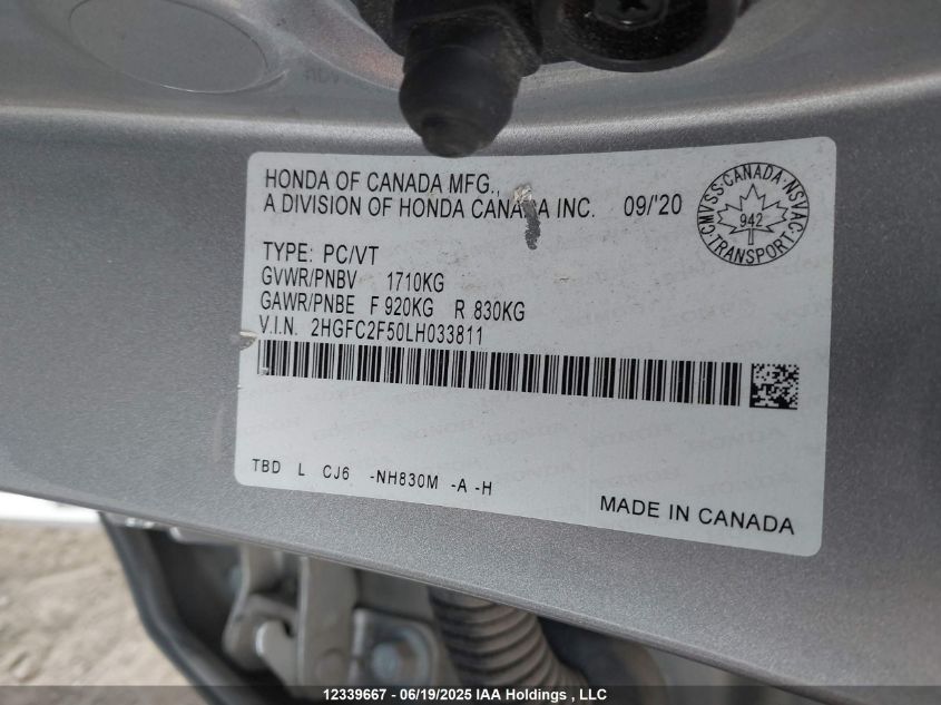 2020 Honda Civic Lx VIN: 2HGFC2F50LH033811 Lot: 12339667X