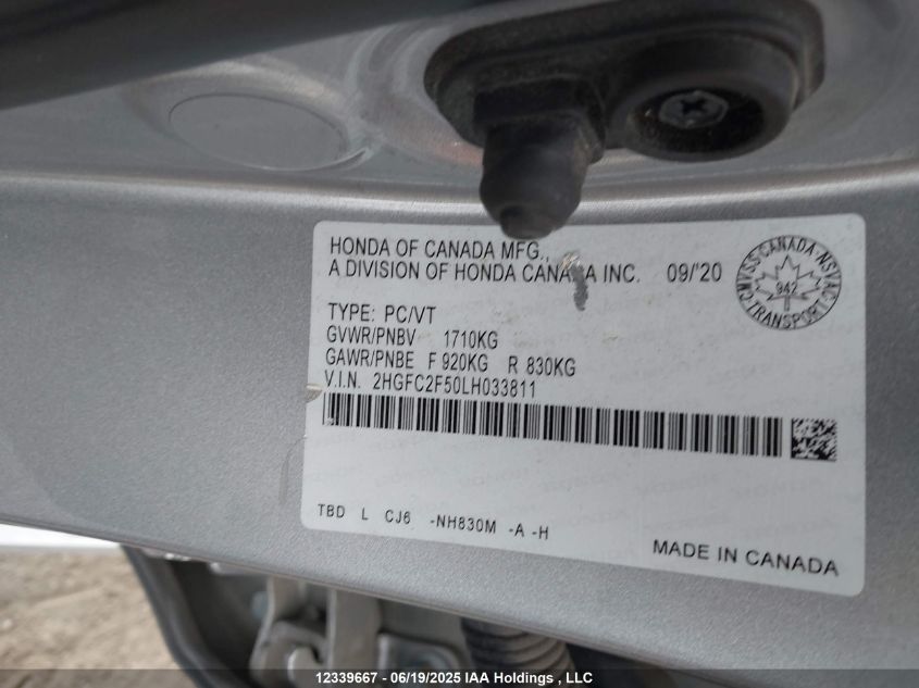 2020 Honda Civic Lx VIN: 2HGFC2F50LH033811 Lot: 12339667X