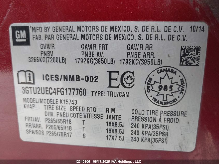 2015 GMC Sierra 1500 Sle VIN: 3GTU2UEC4FG177760 Lot: 12340905X