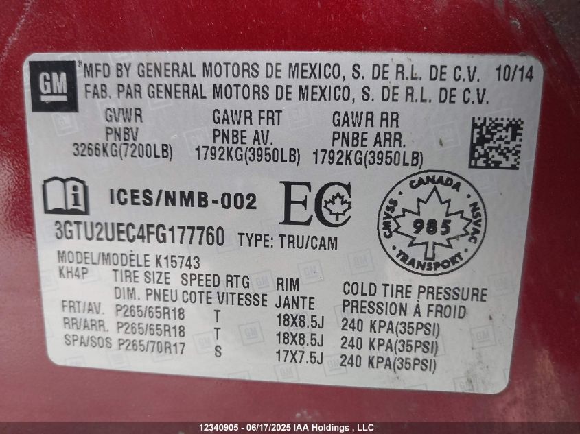 2015 GMC Sierra 1500 Sle VIN: 3GTU2UEC4FG177760 Lot: 12340905X