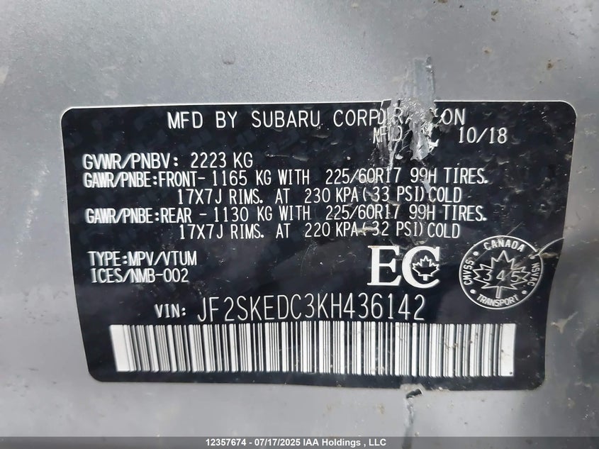 2019 Subaru Forester 2.5I Convenience VIN: JF2SKEDC3KH436142 Lot: 12357674