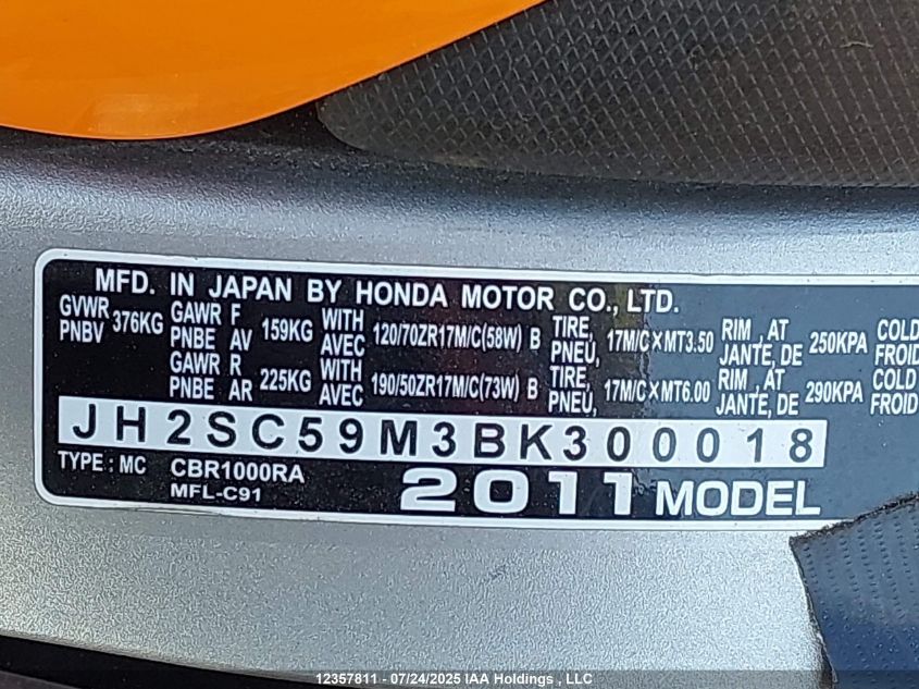 2011 Honda Cbr1000 Rr VIN: JH2SC59M3BK300018 Lot: 12357811