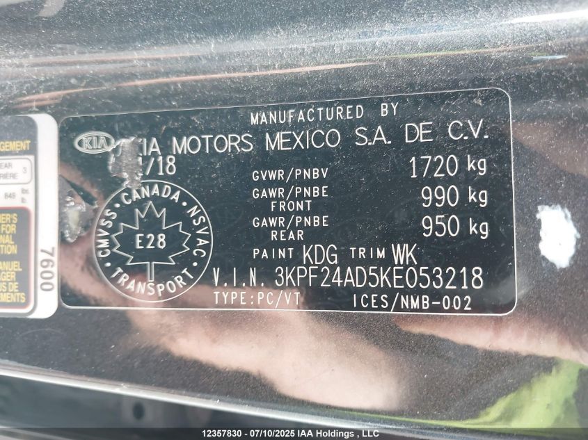 2019 Kia Forte VIN: 3KPF24AD5KE053218 Lot: 12357830