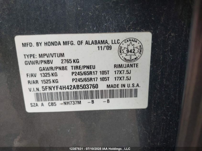 2010 Honda Pilot Ex VIN: 5FNYF4H42AB503760 Lot: 12357831