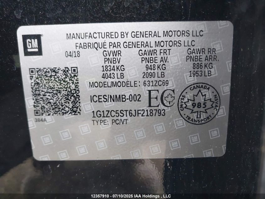 2018 Chevrolet Malibu Ls VIN: 1G1ZC5ST6JF218793 Lot: 12357910
