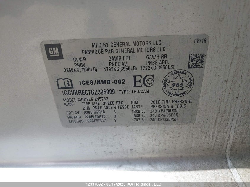 2016 Chevrolet Silverado 1500 1Lt/2Lt VIN: 1GCVKREC7GZ396909 Lot: 12337692X