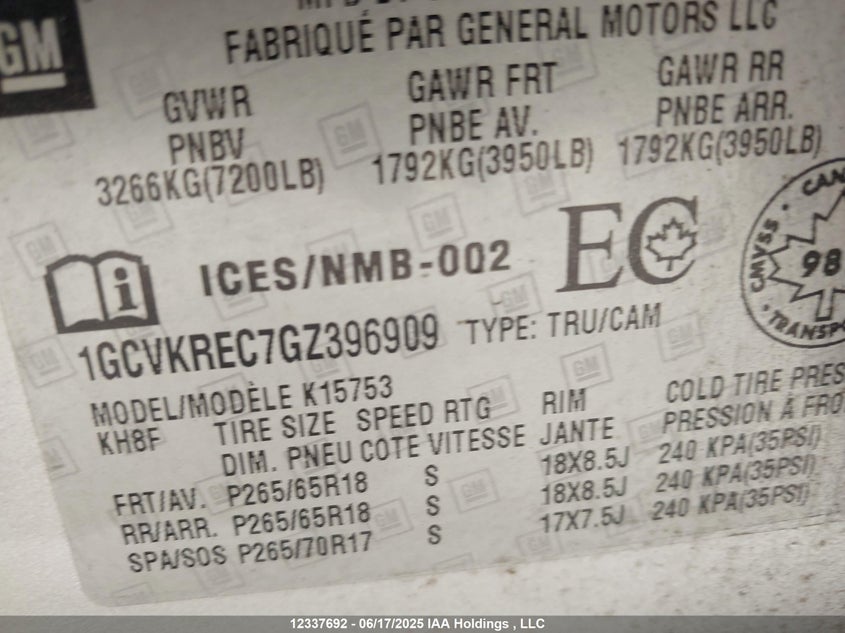 2016 Chevrolet Silverado 1500 1Lt/2Lt VIN: 1GCVKREC7GZ396909 Lot: 12337692X