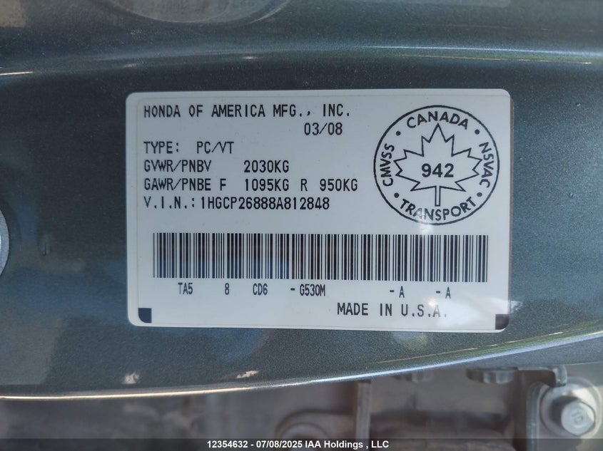 2008 Honda Accord Ex-L VIN: 1HGCP26888A812848 Lot: 12354632X