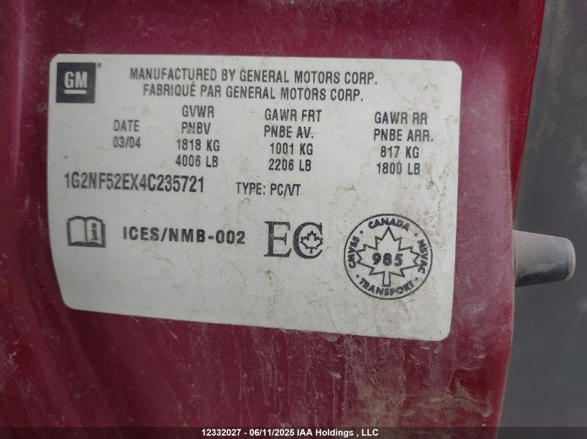 2004 Pontiac Grand Am Se1 VIN: 1G2NF52EX4C235721 Lot: 12332027X