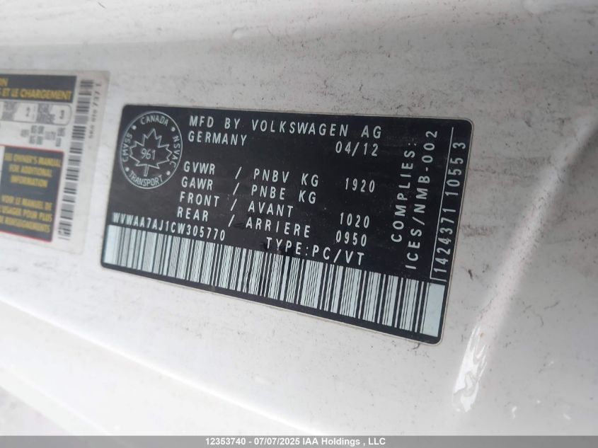 2012 Volkswagen Golf 2.5L Sportline/2.5L Trendline VIN: WVWAA7AJ1CW305770 Lot: 12353740X