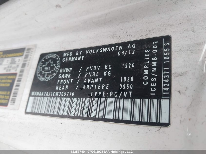2012 Volkswagen Golf 2.5L Sportline/2.5L Trendline VIN: WVWAA7AJ1CW305770 Lot: 12353740X