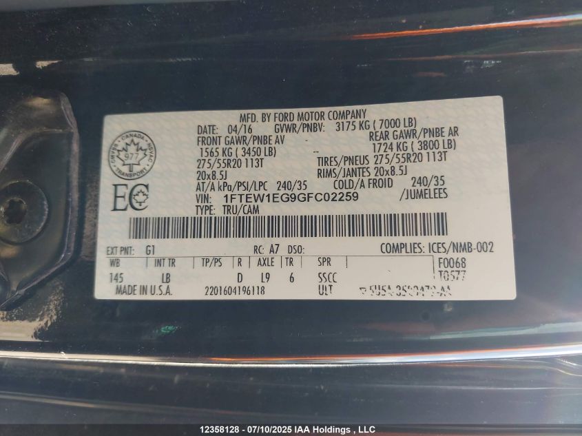 2016 Ford F-150 Lariat VIN: 1FTEW1EG9GFC02259 Lot: 12358128