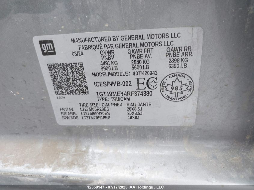 2024 GMC Sierra K2500 Sle VIN: 1GT19MEY4RF374380 Lot: 12358147