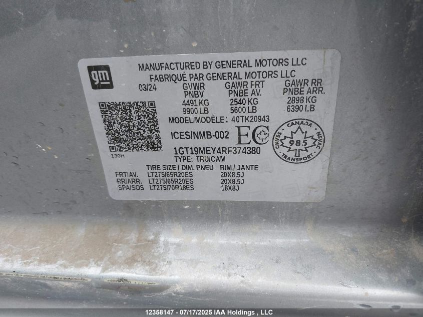 2024 GMC Sierra K2500 Sle VIN: 1GT19MEY4RF374380 Lot: 12358147