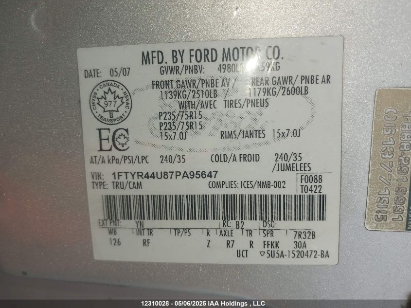 2007 Ford Ranger Sport/Stx/Xl/Xlt VIN: 1FTYR44U87PA95647 Lot: 12310028X