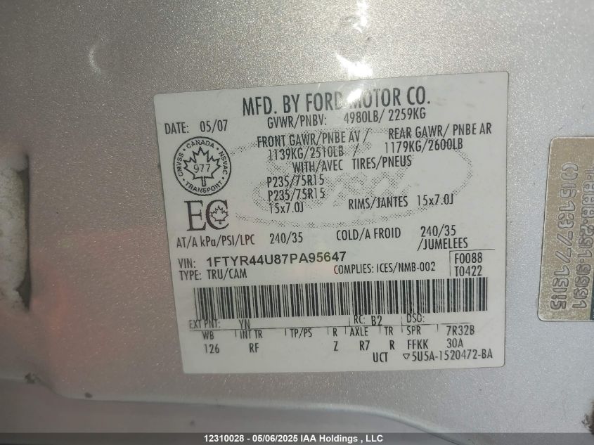 2007 Ford Ranger Sport/Stx/Xl/Xlt VIN: 1FTYR44U87PA95647 Lot: 12310028X