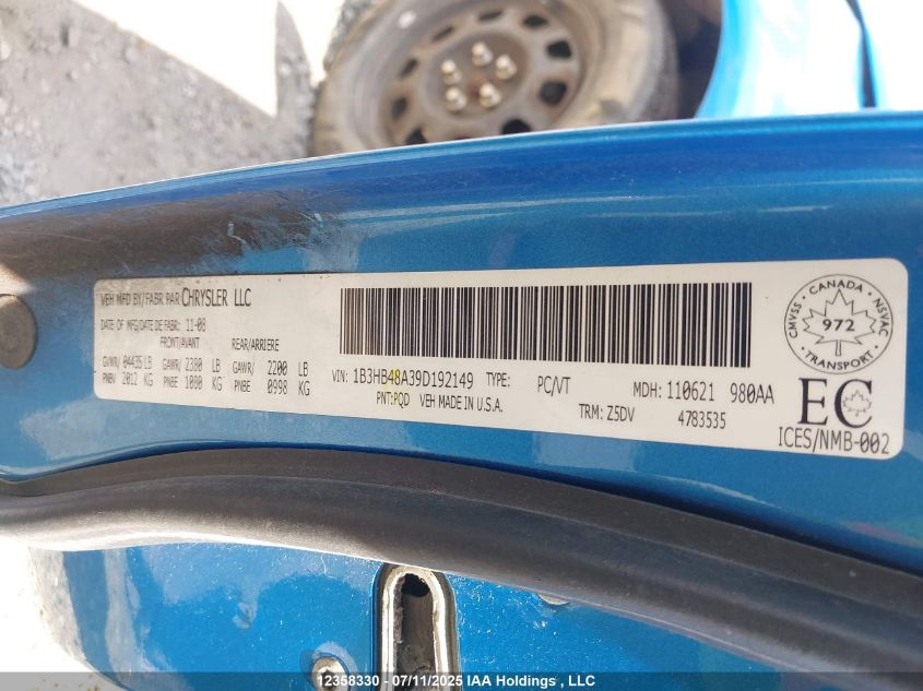 2009 Dodge Caliber VIN: 1B3HB48A39D192149 Lot: 12358330