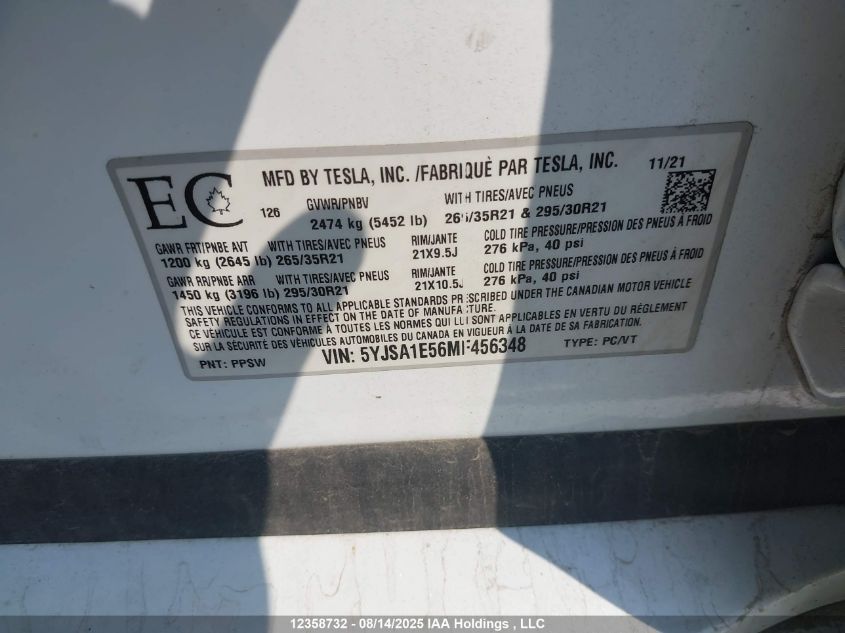 2021 Tesla Model S Long Range VIN: 5YJSA1E56MF456348 Lot: 12358732