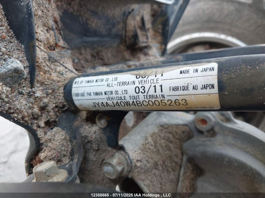 2011 Yamaha Yfm550 Fwad VIN: JY4AJ40W4BC005263 Lot: 12358865
