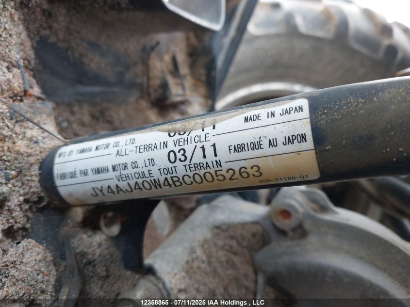 2011 Yamaha Yfm550 Fwad VIN: JY4AJ40W4BC005263 Lot: 12358865