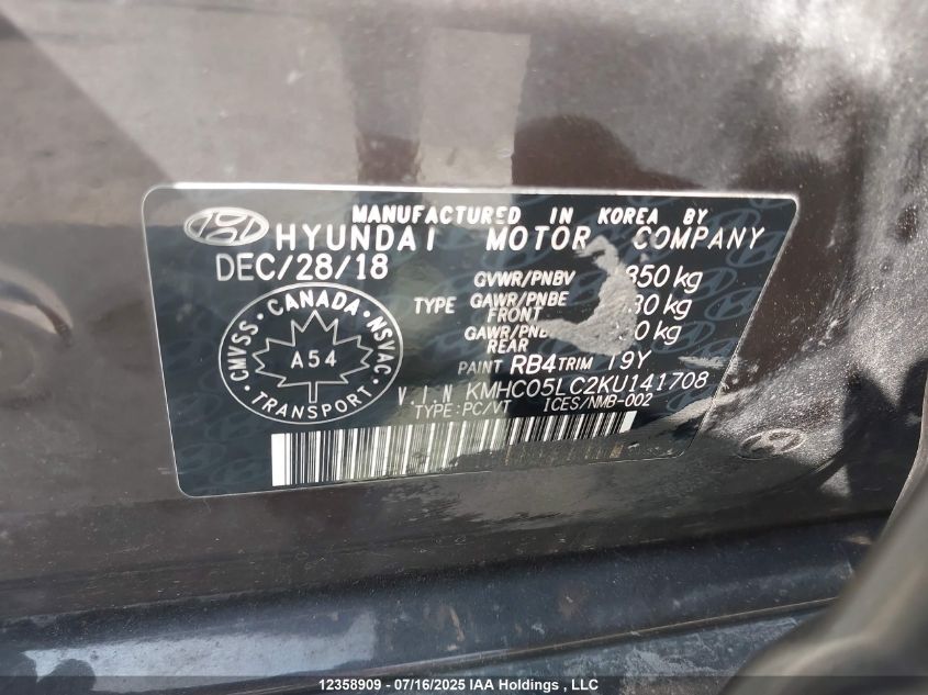 2019 Hyundai Ioniq Hybrid Luxury VIN: KMHC05LC2KU141708 Lot: 12358909