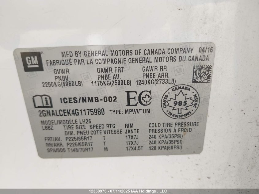 2016 Chevrolet Equinox Lt VIN: 2GNALCEK4G1175980 Lot: 12358975