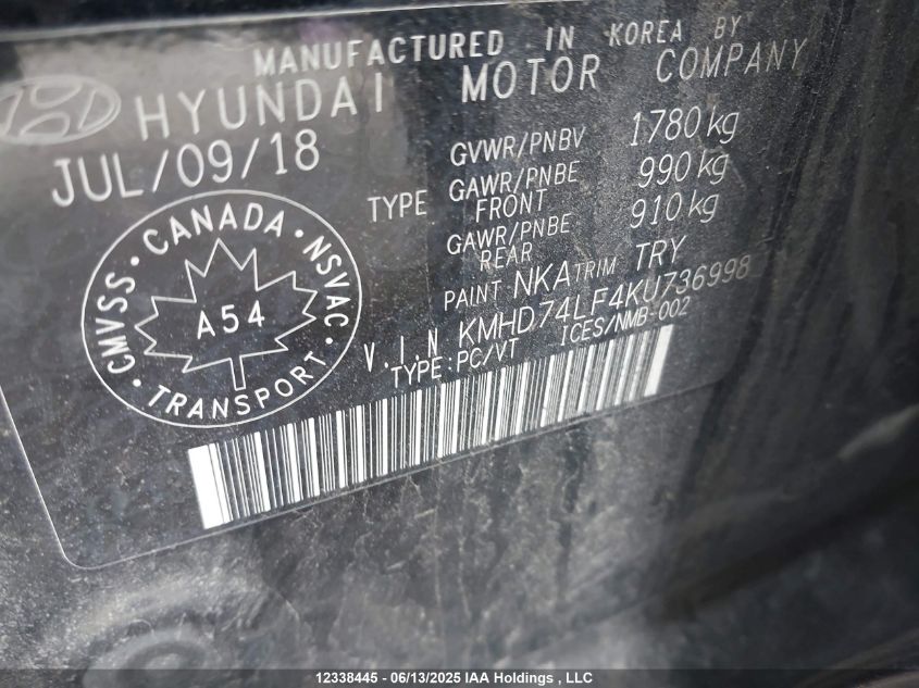 2019 Hyundai Elantra Essential VIN: KMHD74LF4KU736998 Lot: 12338445X