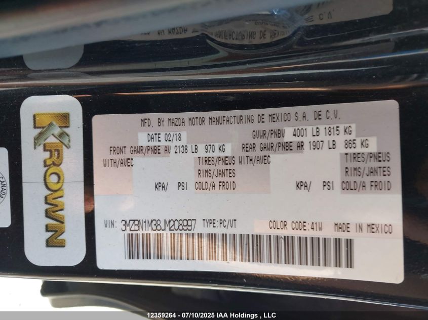 2018 Mazda Mazda3 Gt VIN: 3MZBN1M38JM208997 Lot: 12359264