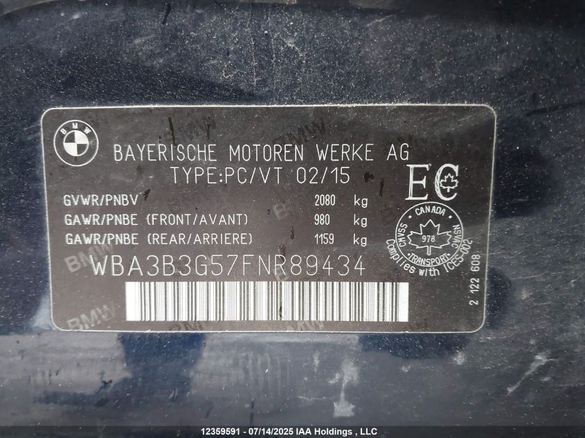 2015 BMW 328I xDrive VIN: WBA3B3G57FNR89434 Lot: 12359591