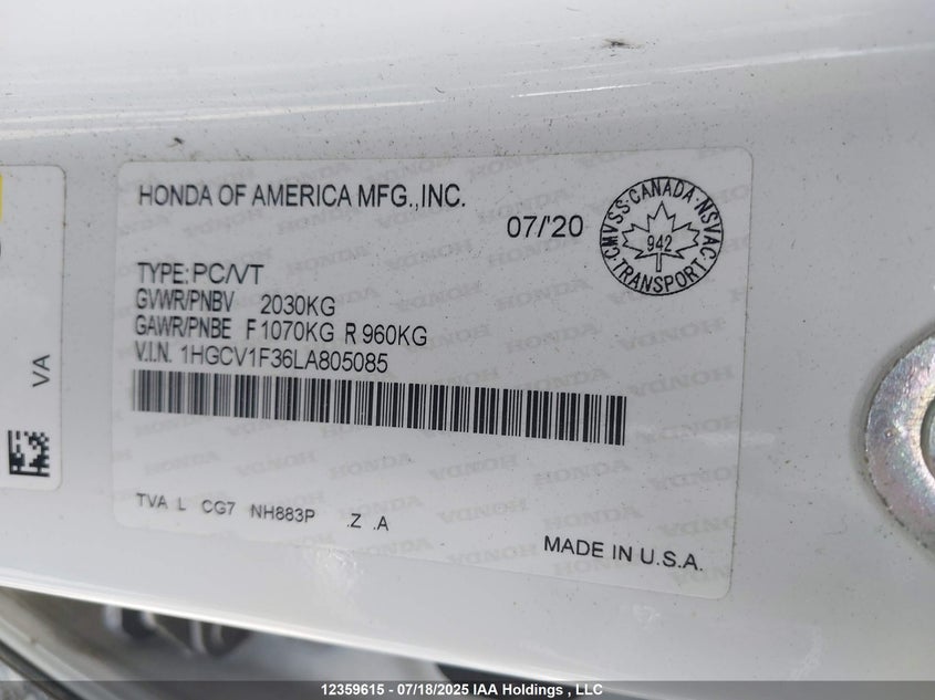 1HGCV1F36LA805085 2020 HONDA ACCORD photo no. 9