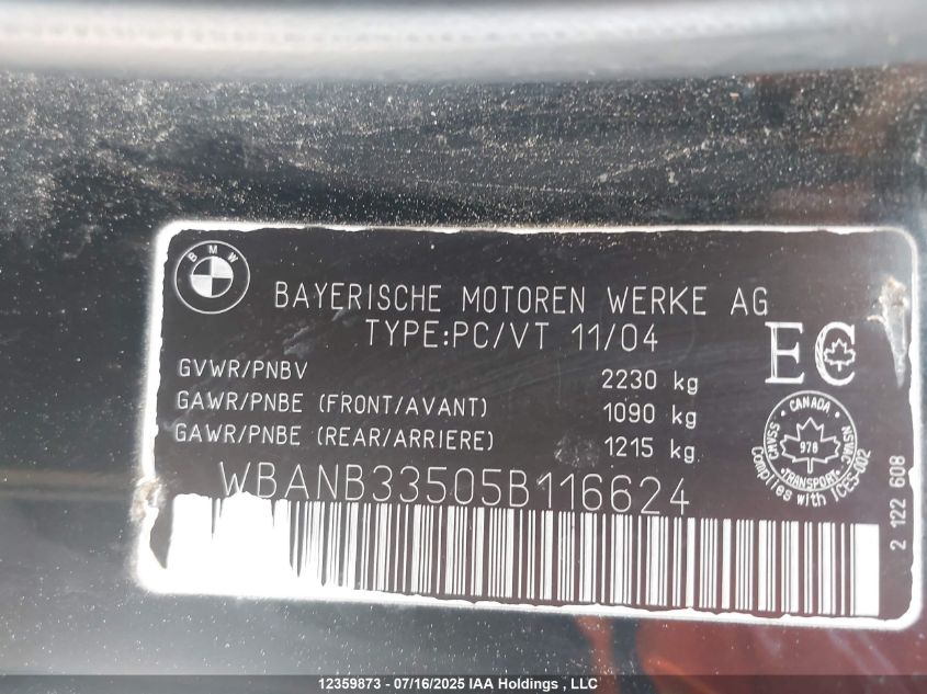 2005 BMW 545 I VIN: WBANB33505B116624 Lot: 12359873