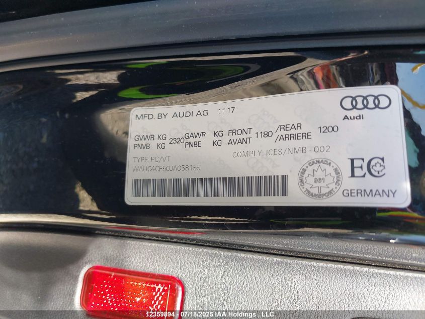 2018 Audi S5 VIN: WAUC4CF50JA058155 Lot: 12359894