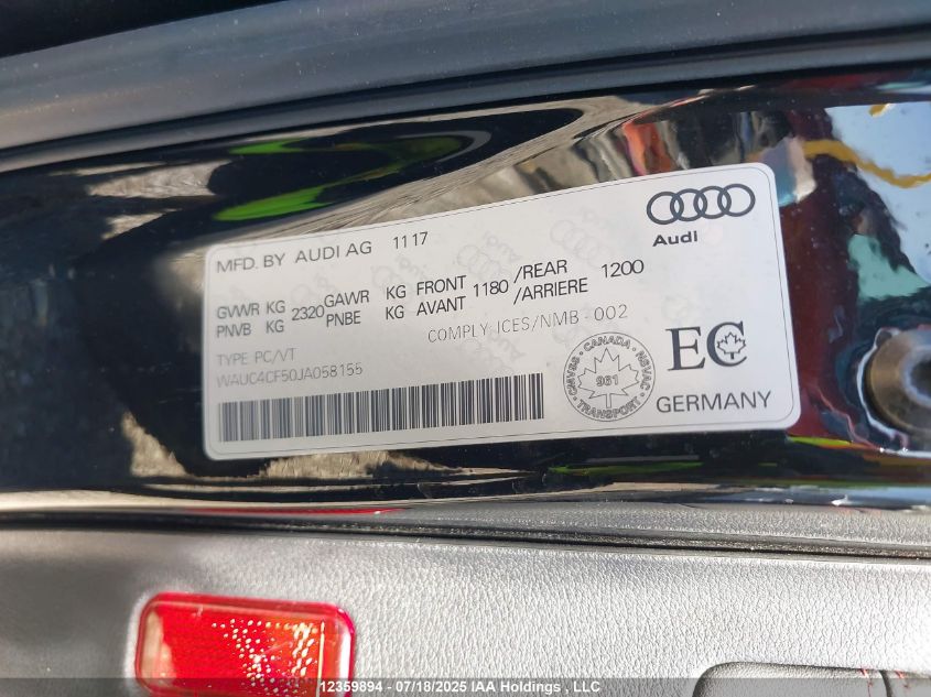 2018 Audi S5 VIN: WAUC4CF50JA058155 Lot: 12359894