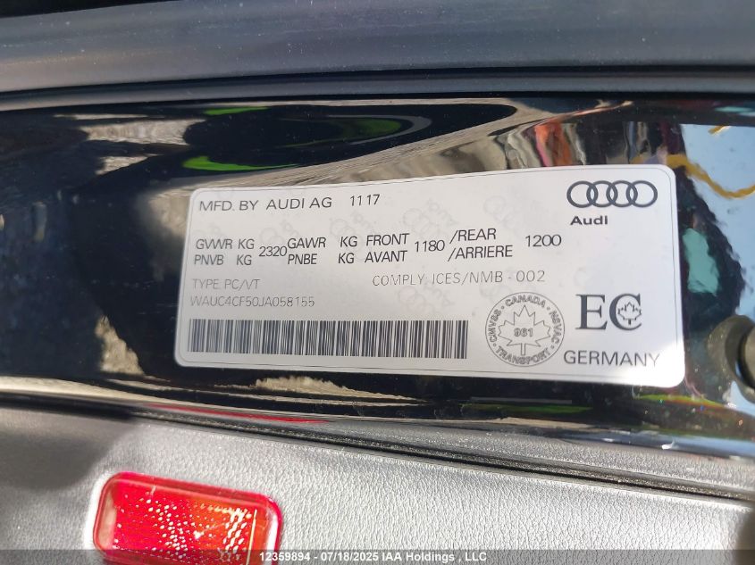 2018 Audi S5 VIN: WAUC4CF50JA058155 Lot: 12359894