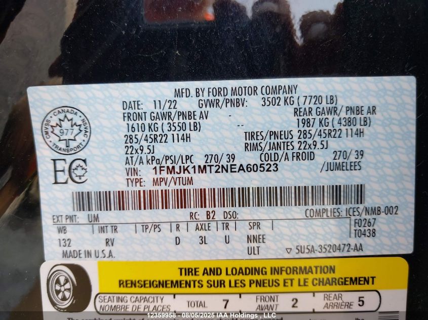 2022 Ford Expedition Max Platinum VIN: 1FMJK1MT2NEA60523 Lot: 12359958