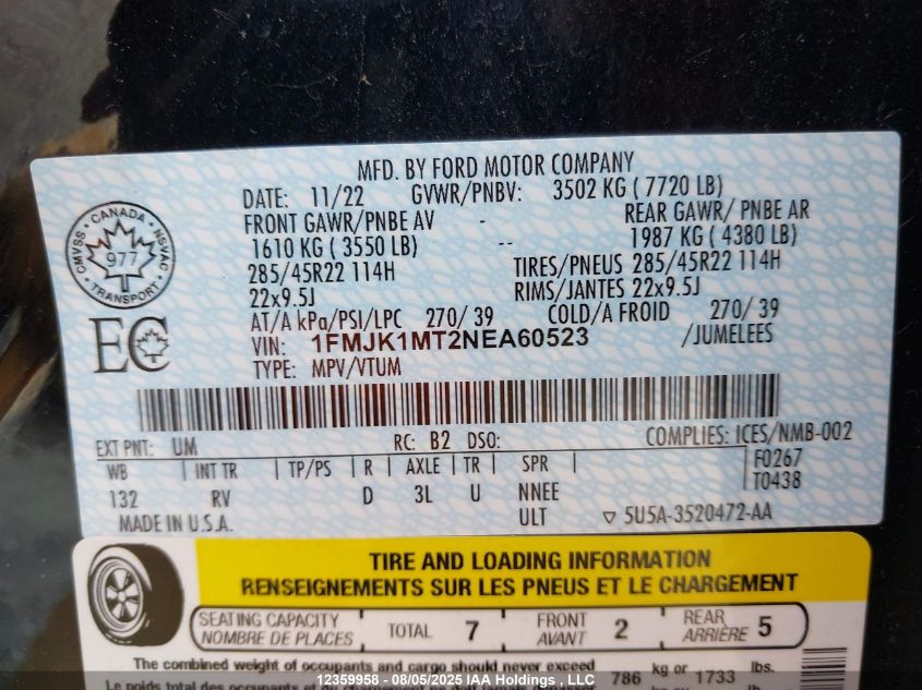 2022 Ford Expedition Max Platinum VIN: 1FMJK1MT2NEA60523 Lot: 12359958